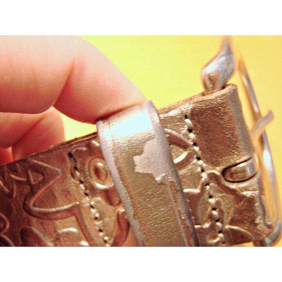 Fossil Bronze Metallic Floral Stamp Genuine Leather Belt Boho Dress Western Sz L - Picture 10 of 12